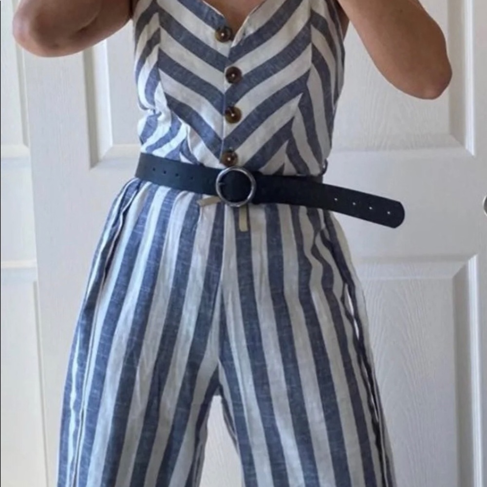 Striped Blue & White Sleeveless Jumpsuit with Belt